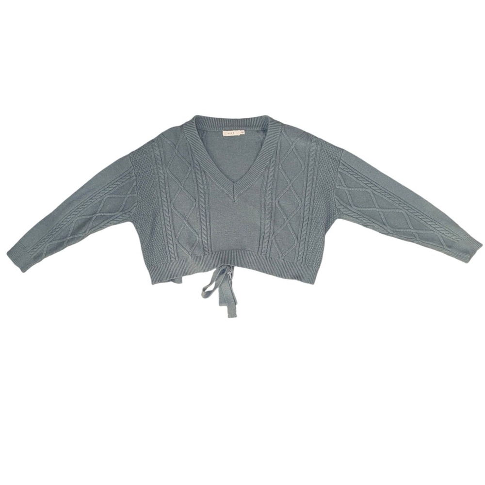 Lush Sweater Women M Teal Green Cable Knit Tie Back V-Neck‎ Cropped L16815-FCI